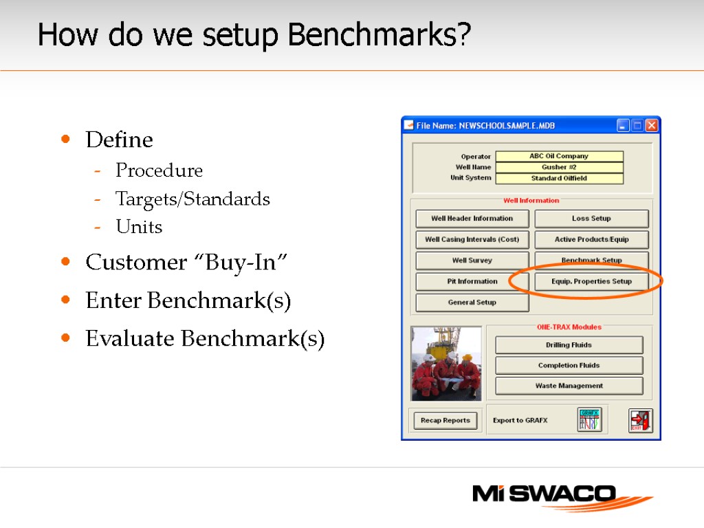How do we setup Benchmarks? Define Procedure Targets/Standards Units Customer “Buy-In” Enter Benchmark(s) Evaluate